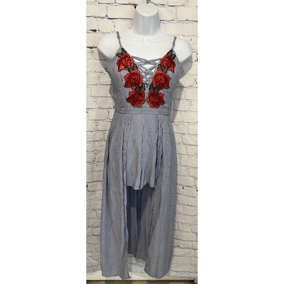 Crystal Doll blue and white stripe with patchwork roses zipper Back juniors 5 - Picture 1 of 9